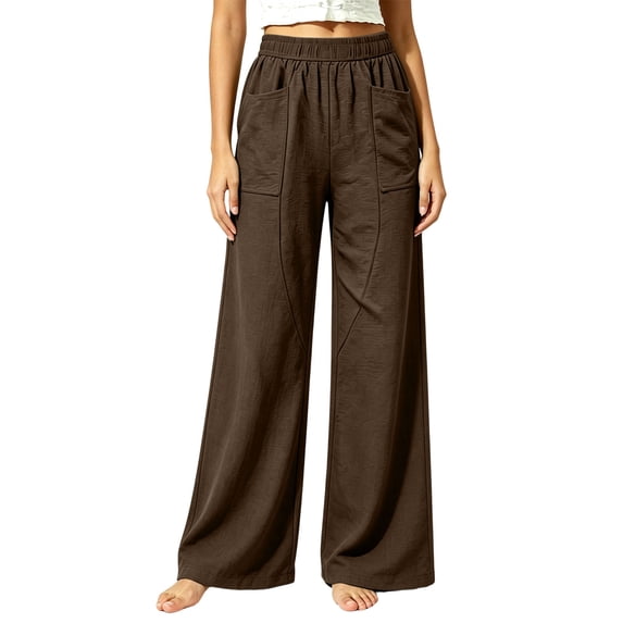 SAWOBUUN Womens Cotton Wide Leg Pants High Waisted Elastic Waist Casual Loose Fit Palazzo Trousers With Pockets