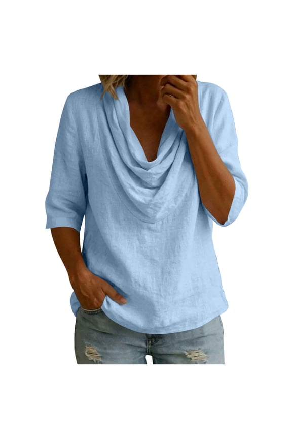 Womens Cowl Neck Tunic Tops 3/4 Sleeve Breathable Cotton Blend Blouse Lightweight Loose Fit Pullover Shirt