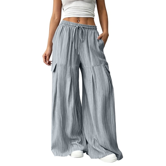 SAWOBUUN Womens Crinkle Textured Wide Leg Pants High Waist Drawstring Loose Fit Trousers Baggy Casual Flowy Pants