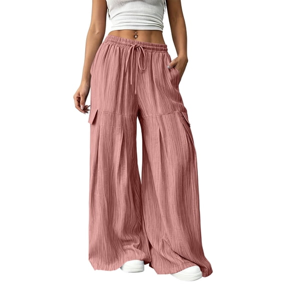 SAWOBUUN Womens Crinkle Textured Wide Leg Pants High Waist Drawstring Loose Fit Trousers Baggy Casual Flowy Pants