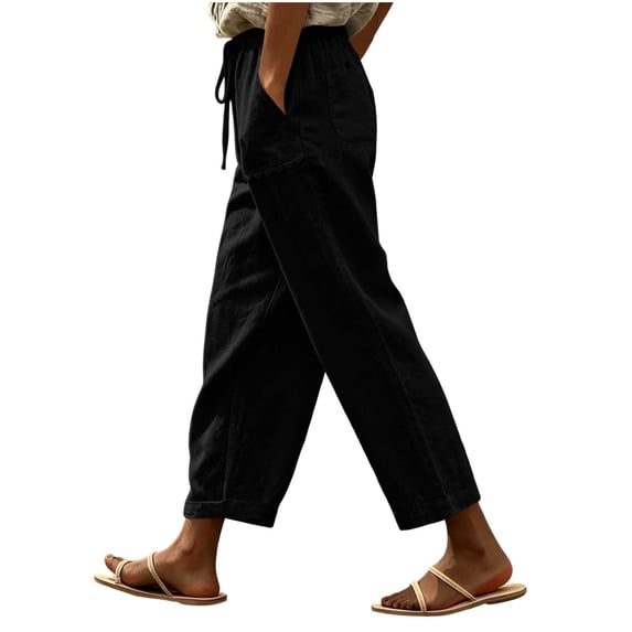 SAWOBUUN Womens Cropped Pants Drawstring Elastic Waist Casual Trousers Loose Fit Pants with Scallop Pockets