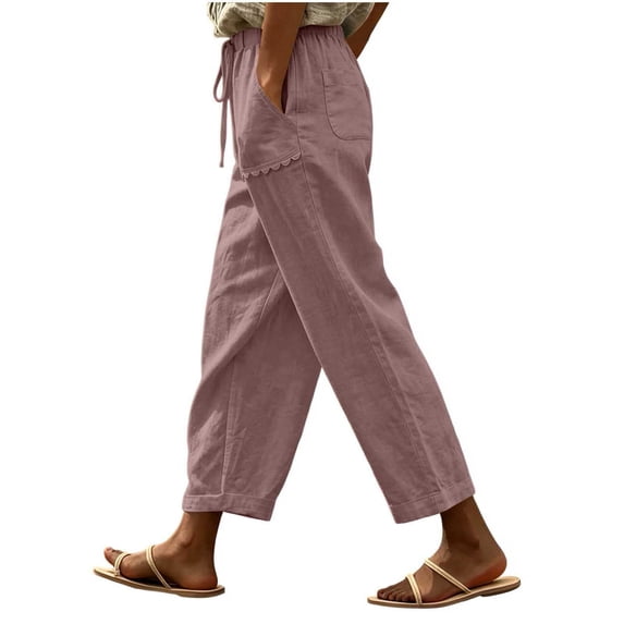 SAWOBUUN Womens Cropped Pants Drawstring Elastic Waist Casual Trousers Loose Fit Pants with Scallop Pockets