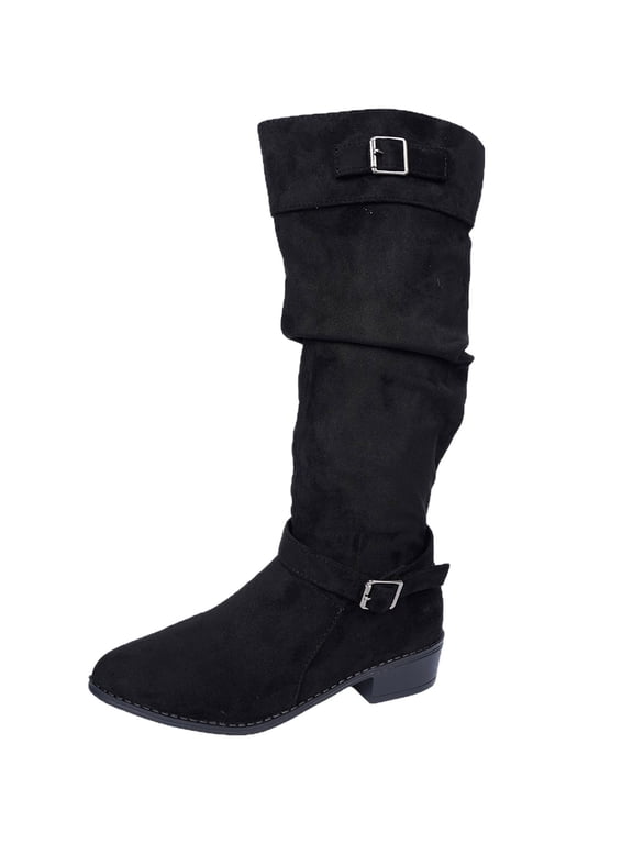 Womens Cuffed Knee High Boots Round Toe Block Heel Double Buckle Slouchy Faux Suede Comfortable Fashion Winter Boots