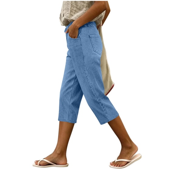 SAWOBUUN Womens Denim Capri Pants Drawstring Elastic Waist Cropped Jeans Casual Straight Leg Capris Summer Jeans