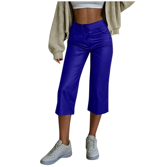 SAWOBUUN Womens Faux Leather Capri Pants High Waisted Straight Leg Cropped Trousers Soft Trendy Lounge Pants