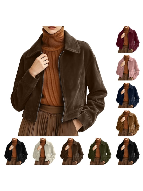 Womens Faux Suede Bomber Jacket Cropped Zip Up Long Sleeve Vintage Casual Coats