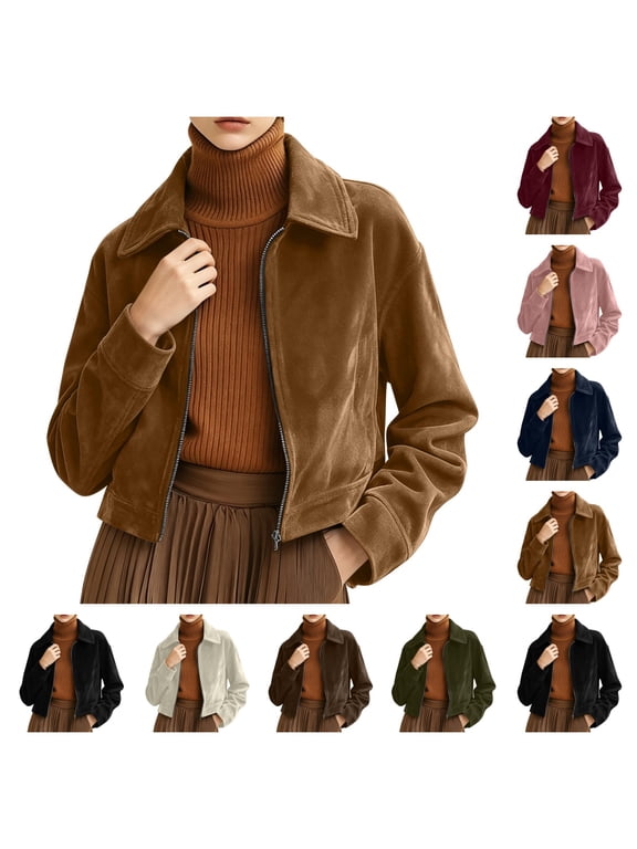 Womens Faux Suede Bomber Jacket Cropped Zip Up Long Sleeve Vintage Casual Coats