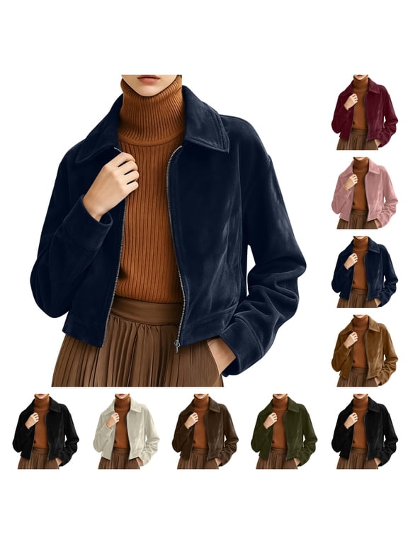 Womens Faux Suede Bomber Jacket Cropped Zip Up Long Sleeve Vintage Casual Coats