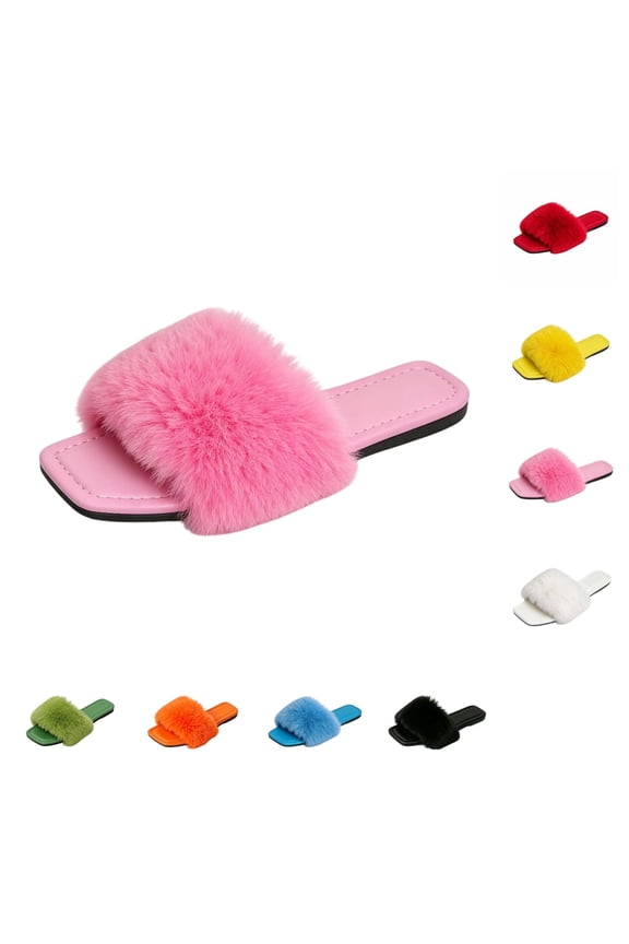 Womens Faux Feather Flat Slide Sandals Open Toe Square Toe Fashion Casual Summer Furry Slippers for Women Indoor Outdoor