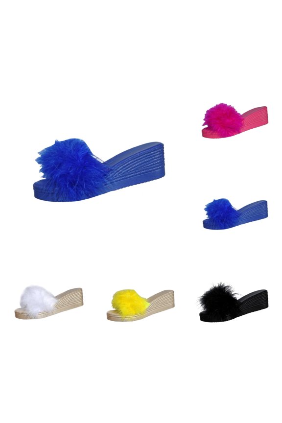 Womens Faux Feather Wedge Chunky Sandals Open Toe Summer Fashion Casual Outdoor Slide Slippers