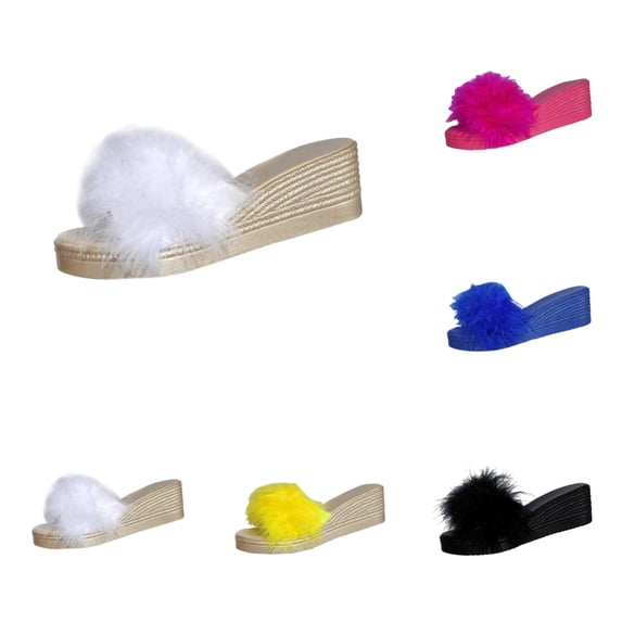 SAWOBUUN Womens Faux Feather Wedge Chunky Sandals Open Toe Summer Fashion Casual Outdoor Slide Slippers