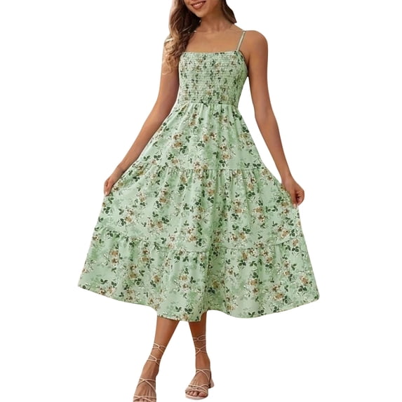 SAWOBUUN Womens Floral Print Midi Dress Square Neck Spaghetti Strap Tiered Summer Beach Sundress Casual Boho Long Dress