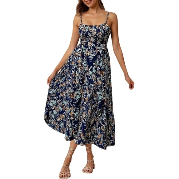 SAWOBUUN Womens Floral Print Midi Dress Square Neck Spaghetti Strap Tiered Summer Beach Sundress Casual Boho Long Dress