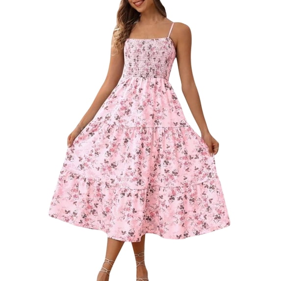 SAWOBUUN Womens Floral Print Midi Dress Square Neck Spaghetti Strap Tiered Summer Beach Sundress Casual Boho Long Dress