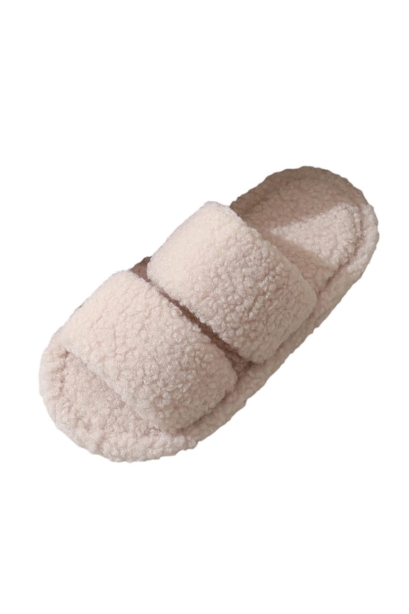 Womens Fluffy Fuzzy Open Toe Slippers Two Band Cozy Flat Slide Sandals Winter Warm Soft Plush Indoor Outdoor Non Slip Comfy Casual House Slippers