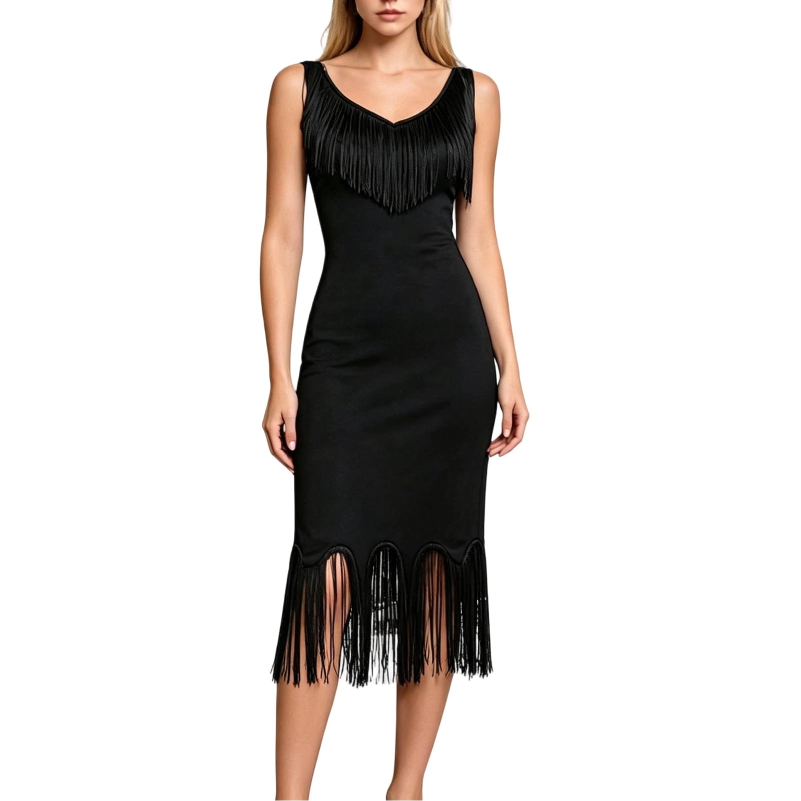 SAWOBUUN Womens Fringe Bodycon Midi Dress Sleeveless V Neck Slim Fit Tassel Hem Cocktail Party Clubwear Long Dress