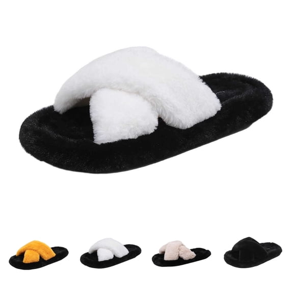 SAWOBUUN Womens Fuzzy Cross Band Slippers Cozy Warm Faux Fur House Slippers Open Toe Fluffy Soft Indoor Slide Slippers