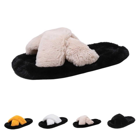 SAWOBUUN Womens Fuzzy Cross Band Slippers Cozy Warm Faux Fur House Slippers Open Toe Fluffy Soft Indoor Slide Slippers