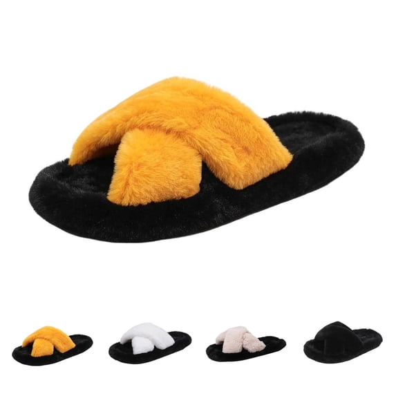 SAWOBUUN Womens Fuzzy Cross Band Slippers Cozy Warm Faux Fur House Slippers Open Toe Fluffy Soft Indoor Slide Slippers