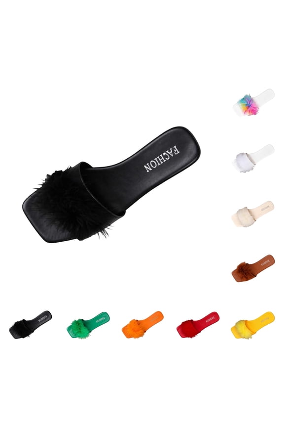 Womens Fuzzy Open Toe Slippers Square Toe Memory Foam Faux Feather Slides Fluffy Furry Indoor Outdoor House Sandals