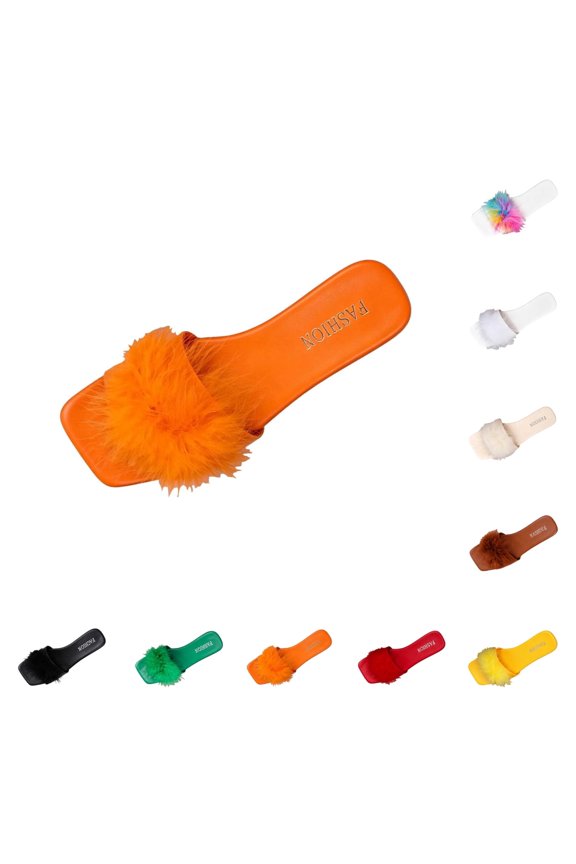 Womens Fuzzy Open Toe Slippers Square Toe Memory Foam Faux Feather Slides Fluffy Furry Indoor Outdoor House Sandals