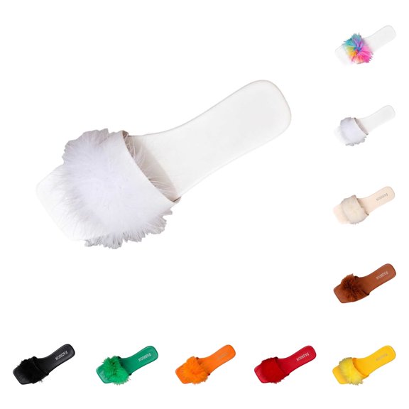 SAWOBUUN Womens Fuzzy Open Toe Slippers Square Toe Memory Foam Faux Feather Slides Fluffy Furry Indoor Outdoor House Sandals