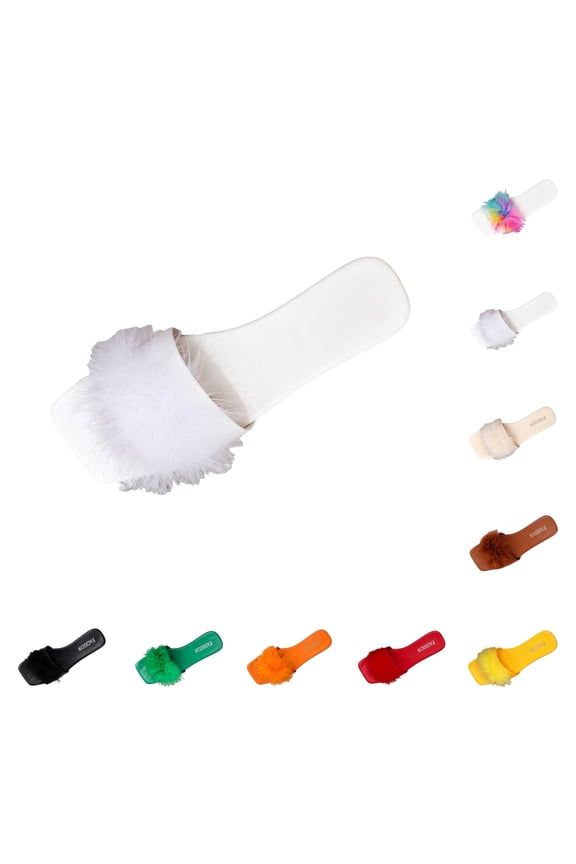 Womens Fuzzy Open Toe Slippers Square Toe Memory Foam Faux Feather Slides Fluffy Furry Indoor Outdoor House Sandals