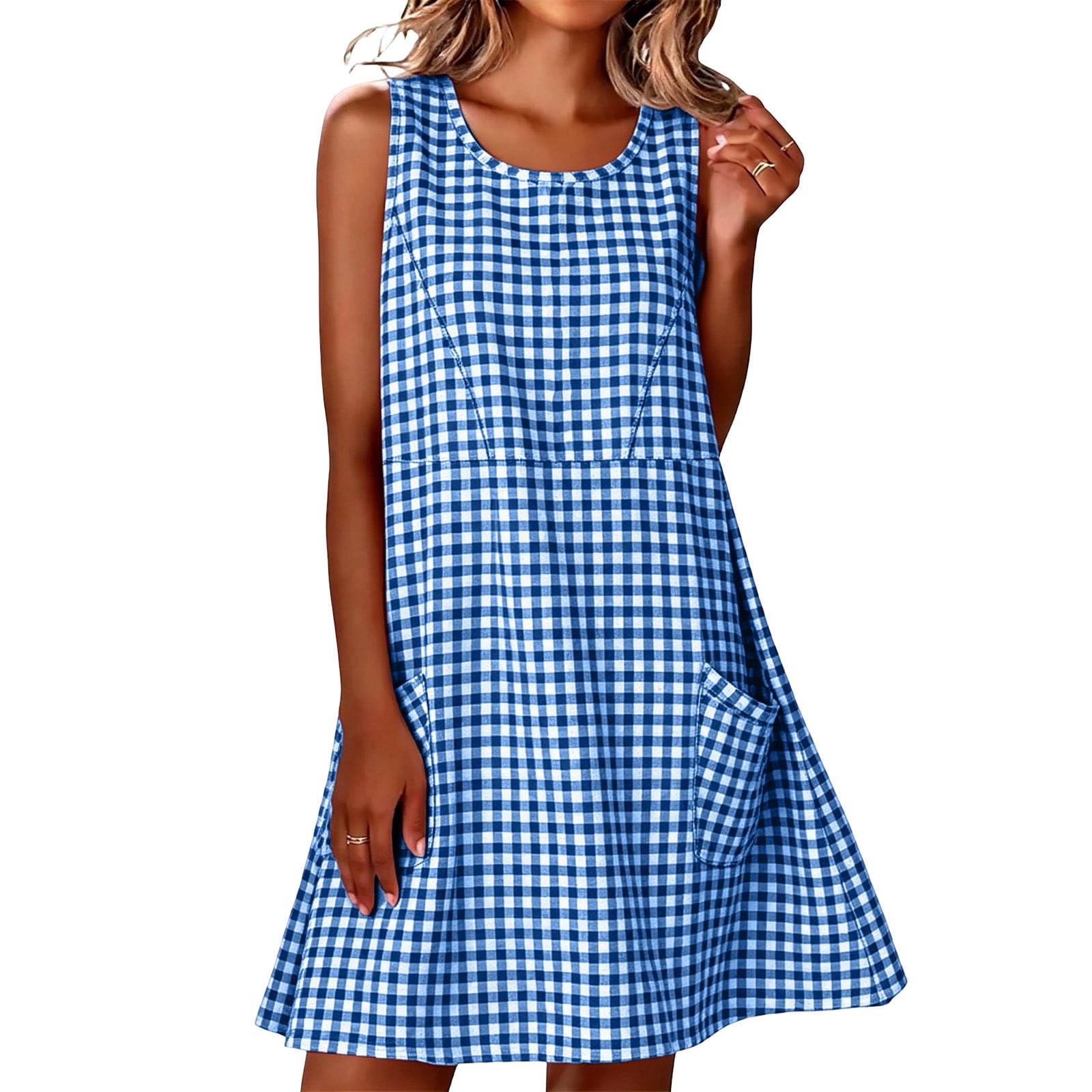 blue gingham swing dress Unique Vintage Blue & White Gingham Bobbie Swing Dress XL/14
