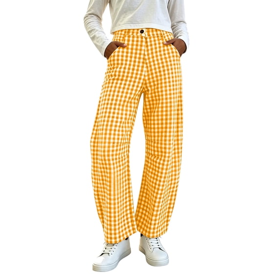 SAWOBUUN Womens Gingham Wide Leg Pants High Waisted Button Trousers Loose Fit Curved Hem Lounge Pants with Pockets