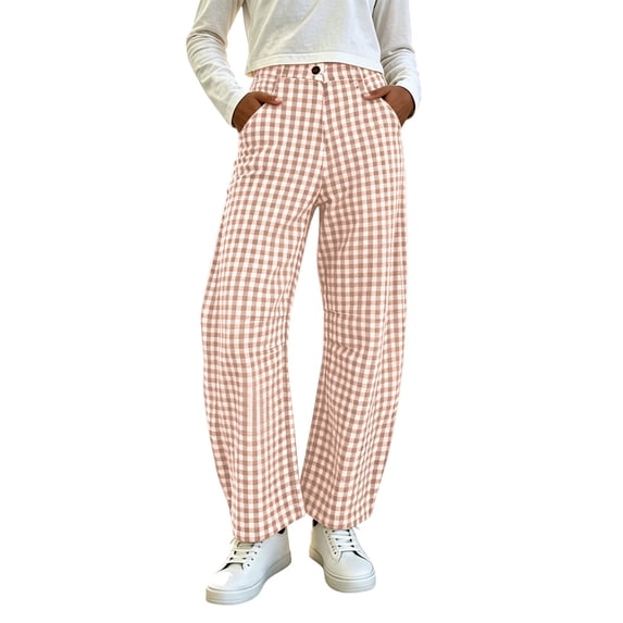 SAWOBUUN Womens Gingham Wide Leg Pants High Waisted Button Trousers Loose Fit Curved Hem Lounge Pants with Pockets