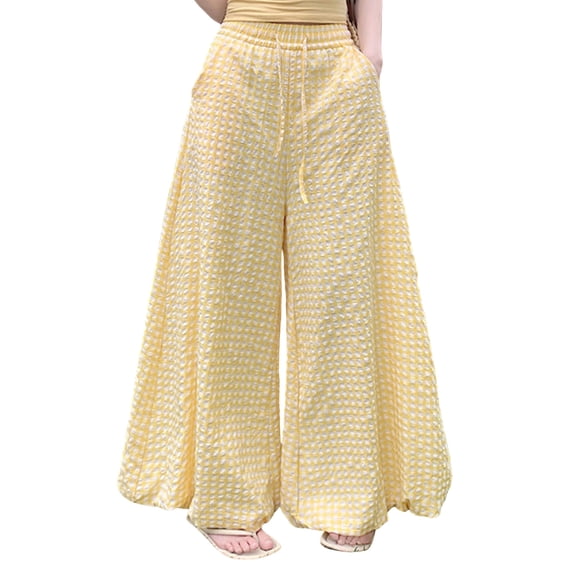 SAWOBUUN Womens Gingham Wide Leg Pants High Waisted Elastic Waist Drawstring Plaid Palazzo Trousers Casual Loose Lantern Pants with Pockets
