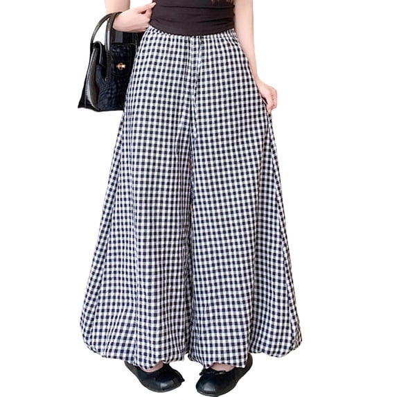 SAWOBUUN Womens Gingham Wide Leg Pants High Waisted Elastic Waist Drawstring Plaid Palazzo Trousers Casual Loose Lantern Pants with Pockets