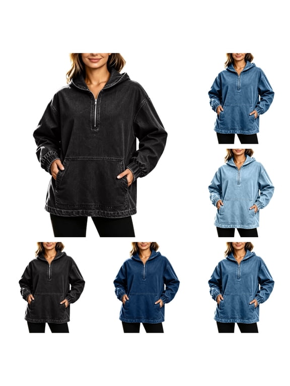 Womens Half Zip Denim Hoodie Pullover Sweatshirt Long Sleeve Jean Jacket with Pocket