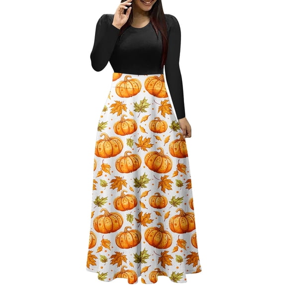 SAWOBUUN Womens Halloween Print Long Sleeve Dress Casual Crew Neck Spliced Maxi Dress