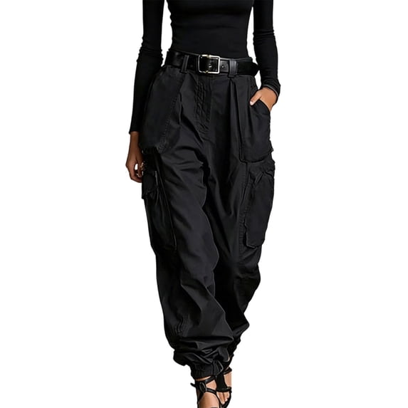 SAWOBUUN Womens High Waist Cargo Pants Casual Loose Fit Parachute Trousers with Elastic Cuffs and Multiple Pockets