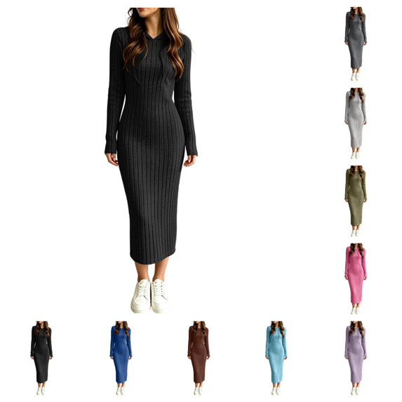 SAWOBUUN Womens Hooded Ribbed Knit Bodycon Dress Long Sleeve Turtleneck Sweater Dress Stretch Slim Fit Dress