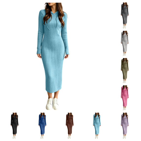 SAWOBUUN Womens Hooded Ribbed Knit Bodycon Dress Long Sleeve Turtleneck Sweater Dress Stretch Slim Fit Dress