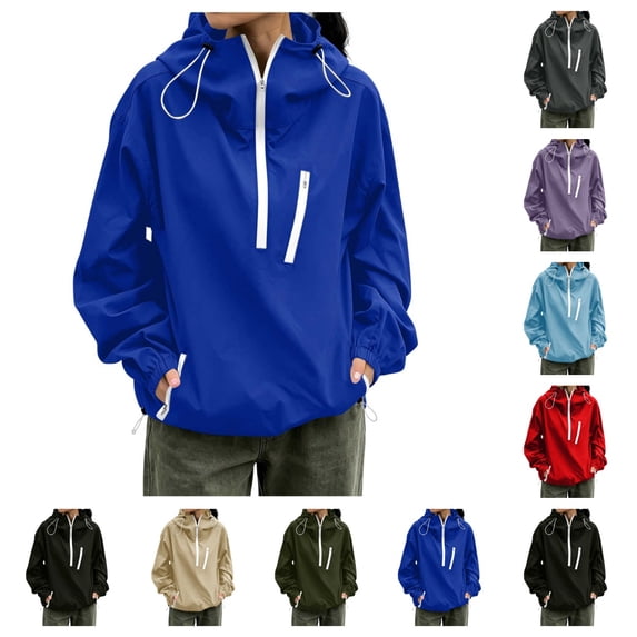 SAWOBUUN Womens Hooded Waterproof Windbreaker Half Zip Pullover Jacket Lightweight Outdoor Rain Shell Coat with Pockets