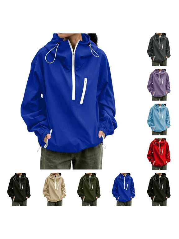 Womens Hooded Waterproof Windbreaker Half Zip Pullover Jacket Lightweight Outdoor Rain Shell Coat with Pockets