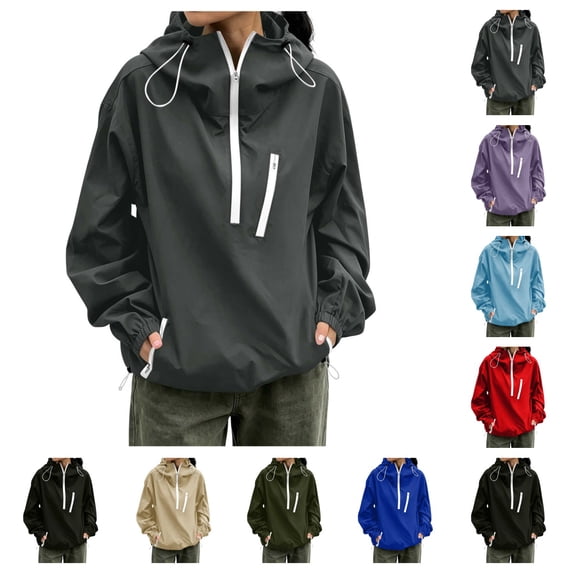SAWOBUUN Womens Hooded Waterproof Windbreaker Half Zip Pullover Jacket Lightweight Outdoor Rain Shell Coat with Pockets