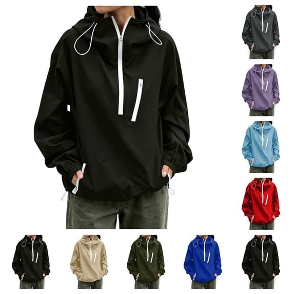 SAWOBUUN Womens Hooded Waterproof Windbreaker Half Zip Pullover Jacket Lightweight Outdoor Rain Shell Coat with Pockets