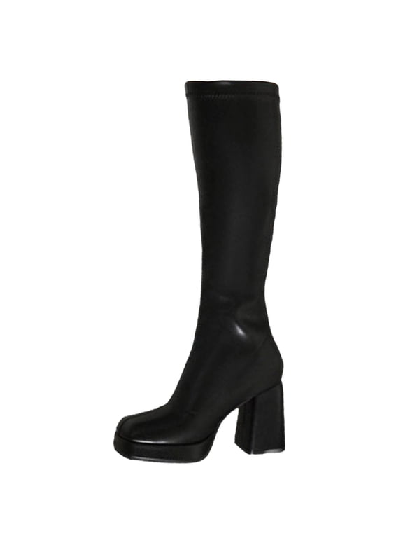Womens Knee High Boots Square Toe Thick Sole Block Heel Stretchy Faux Leather Pull On Comfortable Fashion Casual Winter Boots