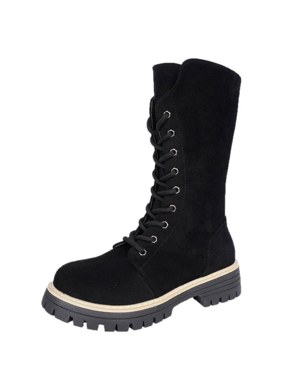 Womens Lace Up Mid Calf Boots Round Toe Side Zipper Faux Suede Chunky Rugged Sole Thick Sole Casual Winter Boots