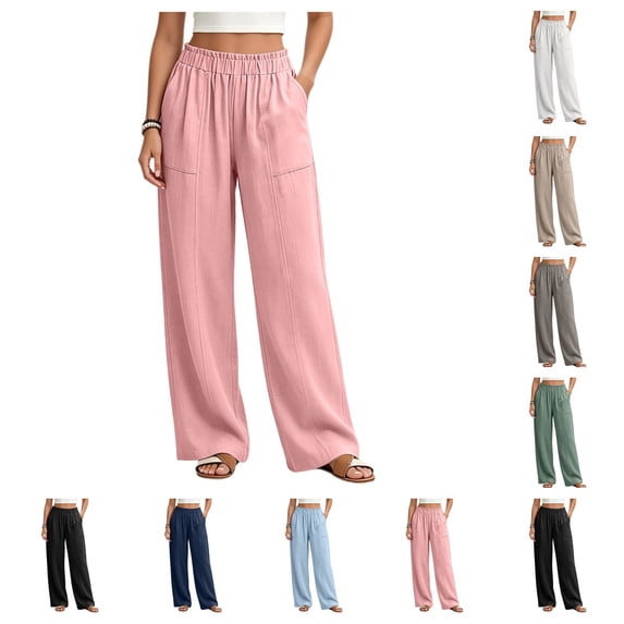 SAWOBUUN Womens Linen Cotton Wide Leg Pants Elastic Waist Trousers Casual Loose Long Pants with Pockets