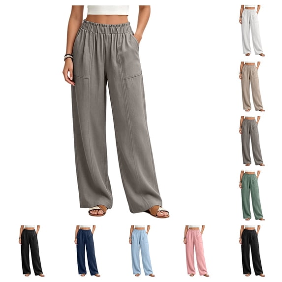 SAWOBUUN Womens Linen Cotton Wide Leg Pants Elastic Waist Trousers Casual Loose Long Pants with Pockets