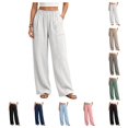 thumbnail image 1 of SAWOBUUN Womens Linen Cotton Wide Leg Pants Elastic Waist Trousers Casual Loose Long Pants with Pockets, 1 of 8