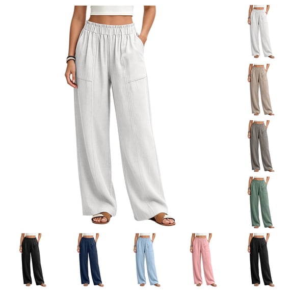 SAWOBUUN Womens Linen Cotton Wide Leg Pants Elastic Waist Trousers Casual Loose Long Pants with Pockets