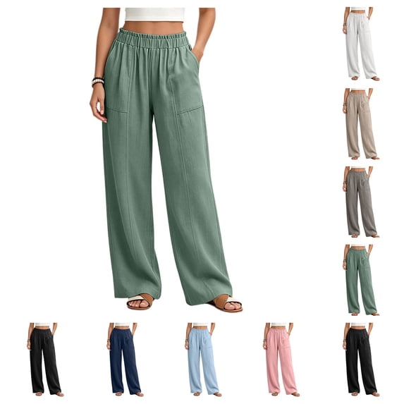 SAWOBUUN Womens Linen Cotton Wide Leg Pants Elastic Waist Trousers Casual Loose Long Pants with Pockets