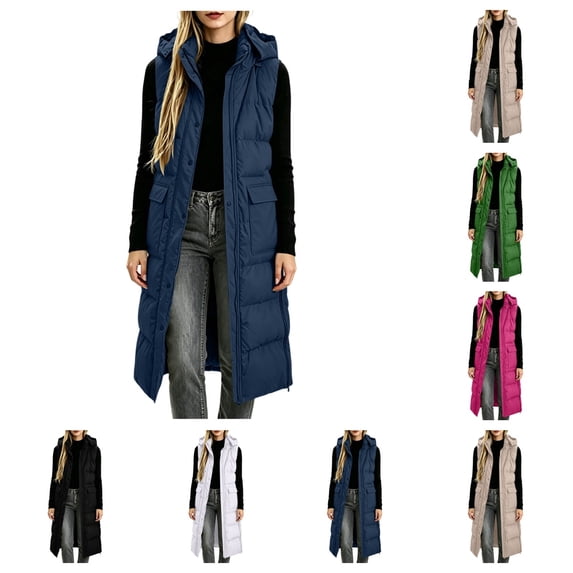 SAWOBUUN Womens Long Hooded Puffer Vest Sleeveless Zip Up Quilted Padded Gilet Casual Warm Winter Coat with Pockets
