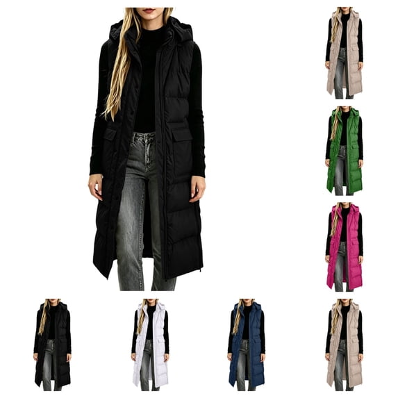 SAWOBUUN Womens Long Hooded Puffer Vest Sleeveless Zip Up Quilted Padded Gilet Casual Warm Winter Coat with Pockets